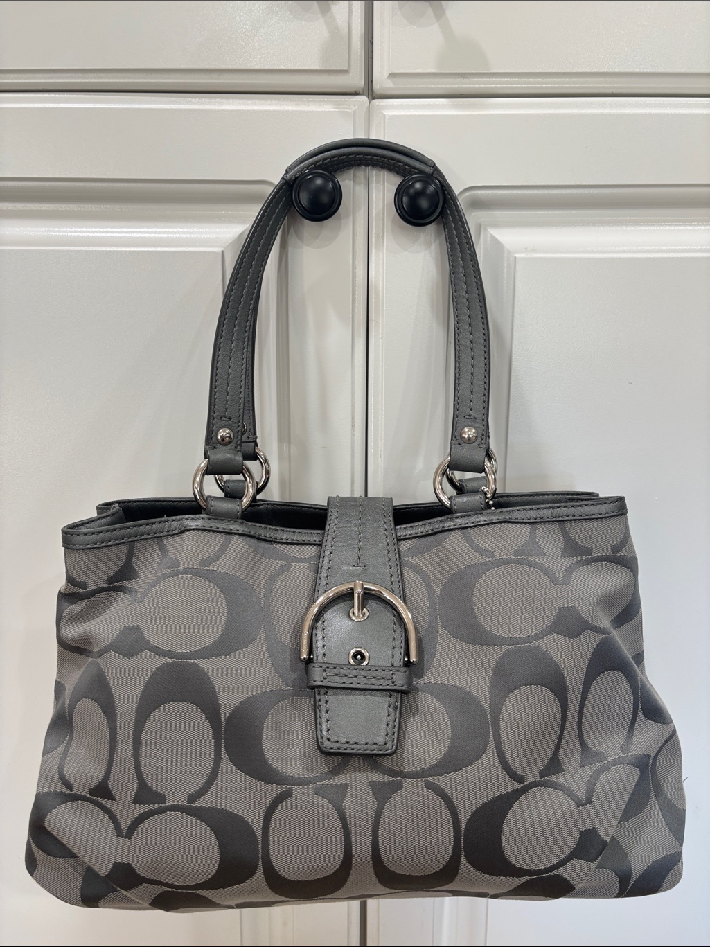 Coach Gray Signature Pattern Tote Bag With Buckle Strap